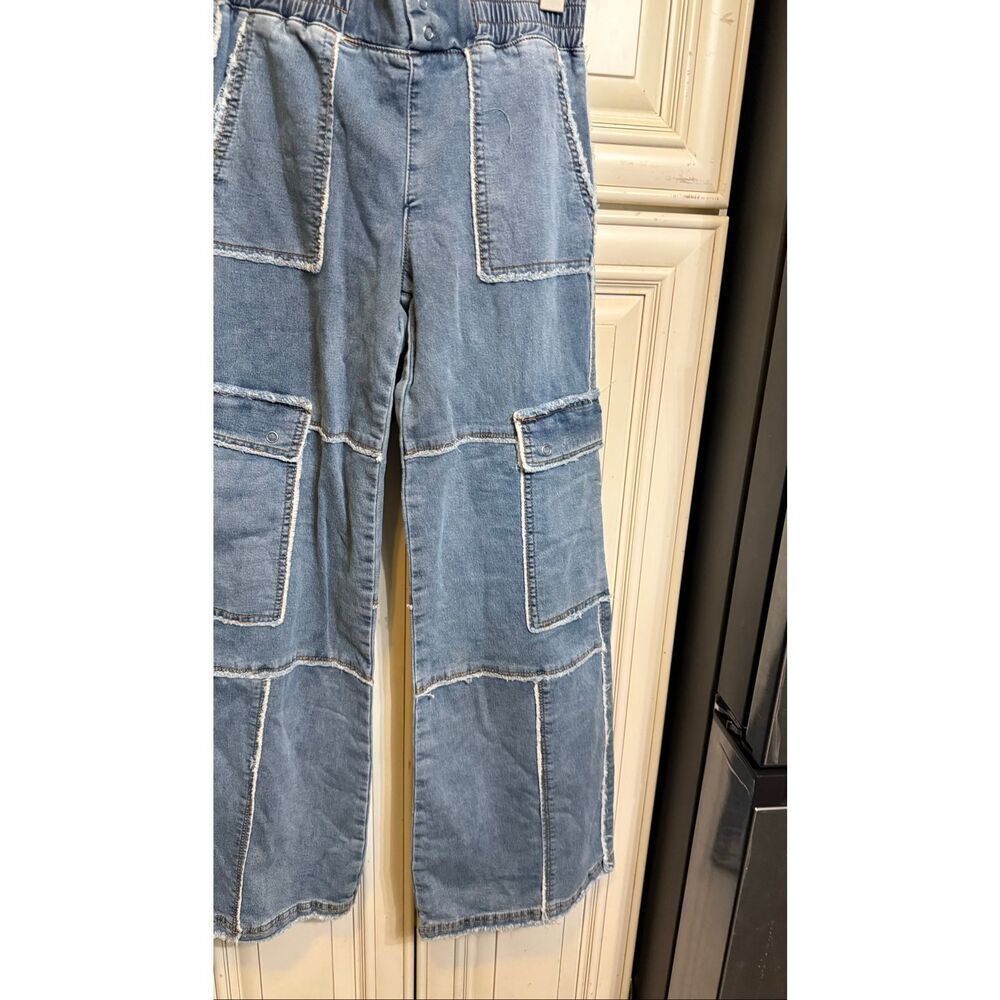 Tractr Girls French Terry Wide Leg Cargo Pants Blue Denim Light Wash Size 16